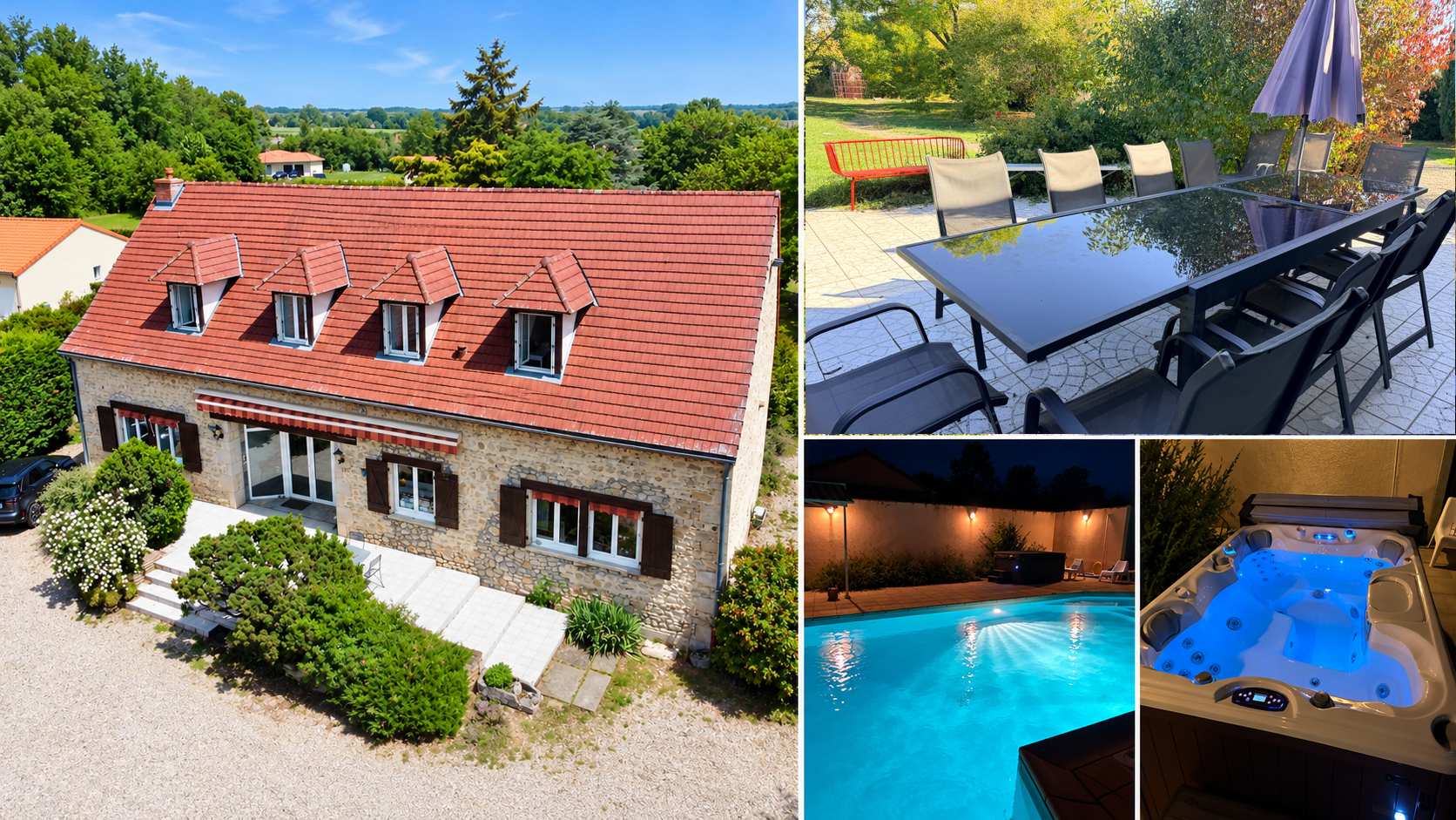 Mosaïque de la maison en pierre, du parc, de la terrasse avec table, de la piscine illuminée et du jacuzzi